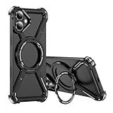 Asdsinfor Skeleton Case for iPhone 16 Titanium Style Military-Grade Drop Protection 360° Rotating Kickstand Ring Grip Compatible with Quick Charge Bumper for Apple iPhone 16. JJ Black