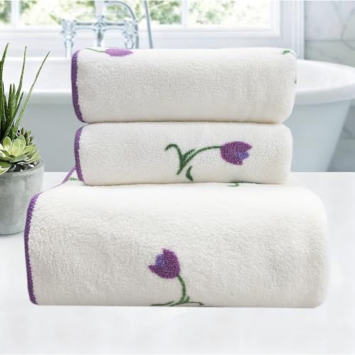 USTIDE 3 Packs Purple Tulips Bathroom Towels Set Luxury Soft Velvet Bath Towels Set for Bathroom Gym Bath Sheets (1 Bath Towel+2 Hand Towels) by USTIDE - Used condition - US$21.45