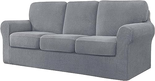 LINFKY 7-Piece Sofa Cover, with Three Separate Backrests and Cushions with Elastic Band, Stretch Jacquard Sofa Slipcover Replacement Anti-Slip Furniture Protector (Light Gray,3 Seater(185-235cm))