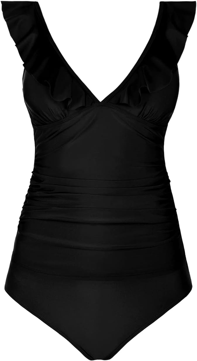 Hilor Women's Tankini Swimsuits Shirred Tummy Control Swimwear Ruffled V Neck Two Piece Bathing Suits - Image 5