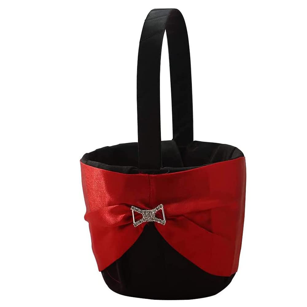 Girls Black Wedding Flower Basket And Red Satin Bridal Basket Flower Rhinestone Decor Wedding Ring Bearer Pillow Basket For Bridal Shower Ceremony Celebrations Party Decoration