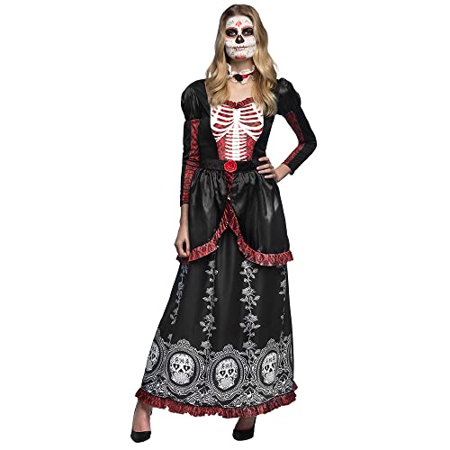 Robe longue tête de mort Senora Adriana avec son tour de cou chic pour Halloween