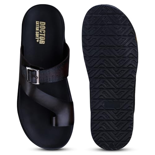 Image of DOCTOR EXTRA SOFT Men's Classic Casual Original Leather Thong Black /Brown Sandals /Chappals with Memory Foam Cushion| Stylish & Non-Slip|Comfortable | Lightweight |Flip flops Slippers Gents & Boys F-1
