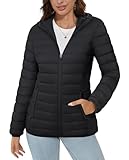 MAGCOMSEN Ladies Black Puffer Jacket Hooded Ultra-light Quilted 4 Pockets Water-resistant Long Sleeve Full-zip Winter Coat, Black XL
