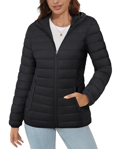 MAGCOMSEN Womens Black Puffer Quilted Jacket Hooded Ultra-light 4 Pockets Water-resistant Long Sleeve Full-zip Padded Coat, Black S