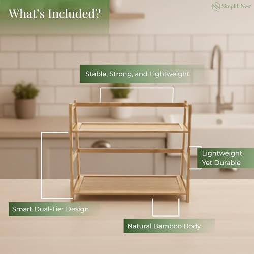 Image of SimplifiNest Bamboo 2-Tier Kitchen Counter Organizer Rack|L-Shape Space-Saving Countertop Shelf|Eco-Friendly Bamboo Storage for Spices, Jars, Mugs & Snacks|Stable, Lightweight Design