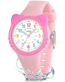 Juboos Orologio analogico per bambini e bambine, impermeabile fino a 3 atm, con gatto, facile da leggere, Viola, orologio gatto bambini (rosa shocking)
