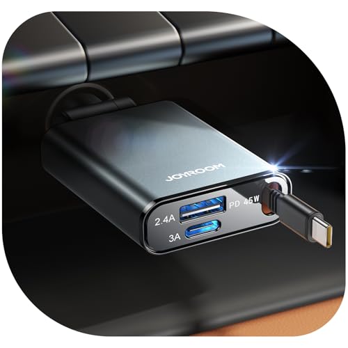 【2026 Ultra-kompakte】JOYROOM 72W Einziehbares Zigarettenanzünder USB C,【3-in-1】12V/24V USB Adapter Auto Zubehör, Auto Ladegerät Schnellladegerät, Car Charger für iPhone 17/16/Samsung S25/S24/iPad/GPS