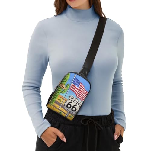 American Travel Small Crossbody Bags for Women Pixel Art Sling Chest Bag, Route 66 Print Daypack Crossbody Purse Hiking Chest Packs PU Leather4
