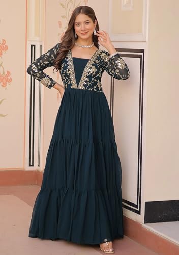 Image of FOXDX Womens Faux Georgette Sequence Embroidered Ankle Length Anarkali Gown for Women| Festival | Trending |