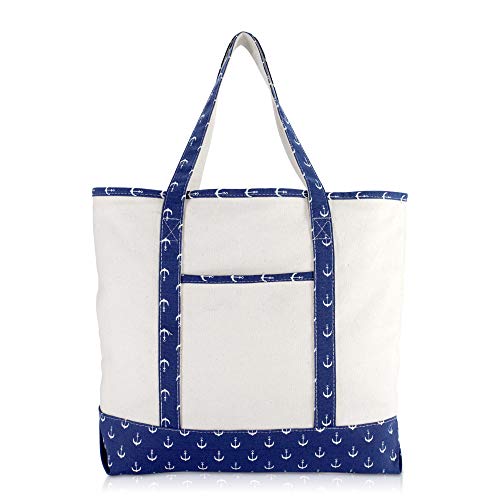 DALIX 22" Shopping Tote Bag Heavy Cotton Canvas (Zippered) Navy Blue Anchor - Image 2