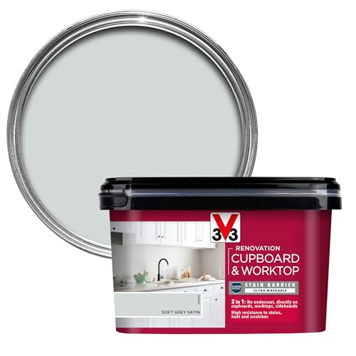 V33 Renovation Cupboard & Worktop Paint - No Undercoat Needed - High Resistance To Water Stains & Scratches - Ultra Washable - Soft Grey Satin 2L