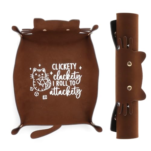 VOSSOT Bandeja Dados Plegable Gato Piel, Tabla Dados con DiseñO Gato, Soporte Cubo Plegable Cuero con Humor Divertido - Cat Dice Board para DND RPG, Regalo Decorativo con Dado Madera
