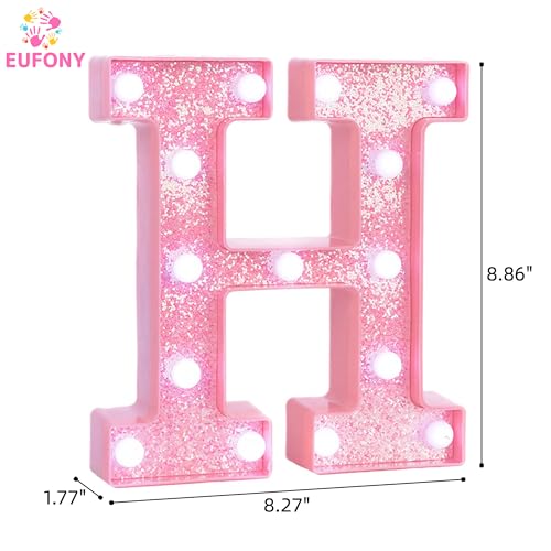 Image of Pink Marquee Light Up Letters, Glitter Alphabet LED Letter Lights for Pink Birthday Party Decorations, Battery Operated Letter Sign for Girls Room Vanity Table Decor, Cool White Lights Letter H