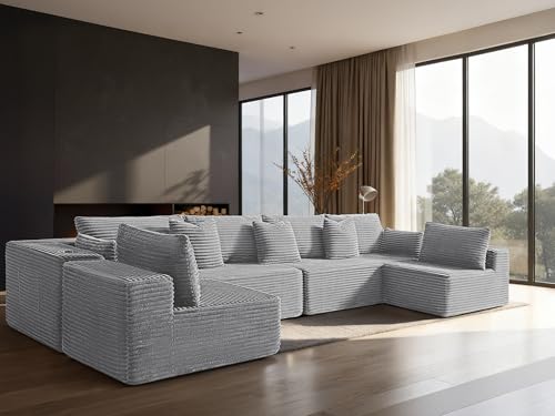 Image of 138 inch Cloud Sectional Couch, Comfort U Shaped Sofa for Living Room, Extra Deep Seats No Assembly, Minimalist Modular Couch, Corduroy (Light Grey, 6 Seats,U-Shape B)