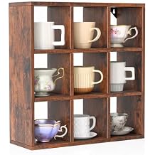 Helsin 9 Grid Vintage Coffee Mug Display Rack, 16inch Wall Mounted Wooden Curio Shadow Box Shelf, Cup Floating Shelves Display and Organizer Bronze