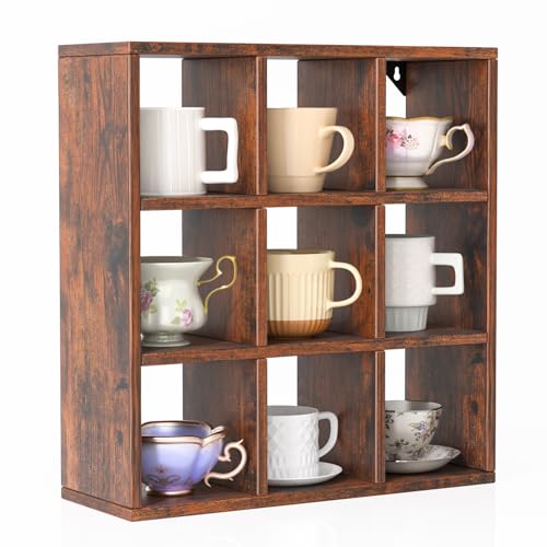 Helsin 9 Grid Vintage Coffee Mug Display Rack, 16inch Wall Mounted Wooden Curio Shadow Box Shelf, Cup Floating Shelves Display and Organizer (Bronze)