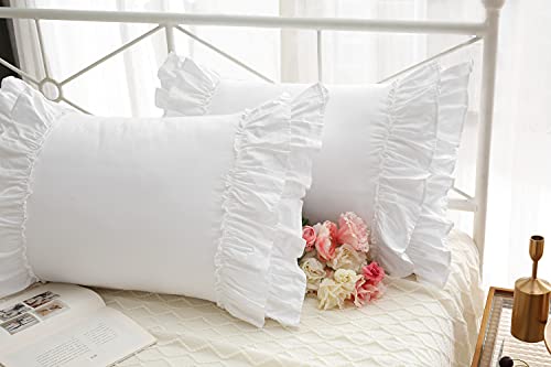 Pure Cotton White Ruffles Pillow Shams Queen Size Ruffled Pillowcases Pillow Covers 20 x30  2-Pack