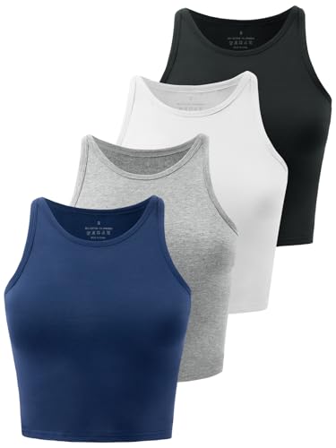BryticFlow Crop Tops for Women Workout Cropped Tank Top High Neck Camisole Yoga Shirts Athletic Undershirts 4 Pack Black/White/Grey/Navy M