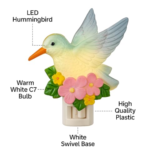 Image of Novelty Lights LED Lamp Hummingbird with Flowers Spring Easter Decoration Night Light with Swivel Plug