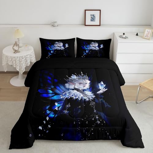 Image of Erosebridal Gothic Girls Comforter Set for Kids Boys Girls A Girl Wearing A Crown Bedding Butterfly Diamond Feather Print Duvet Set Coquette Princess Comforter Queen with 2 Pillowcases