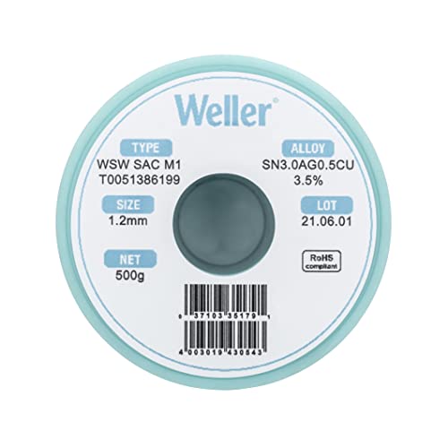 Image of Weller WSW SAC M1 (T0051386199) Lead Free Solder Wire, Dia: 1.2 mm / 0.047 in, Wt: 500 g / 17.637 oz, Alloy Sn96.5Ag3.0Cu0.5, Flux content 3.5%