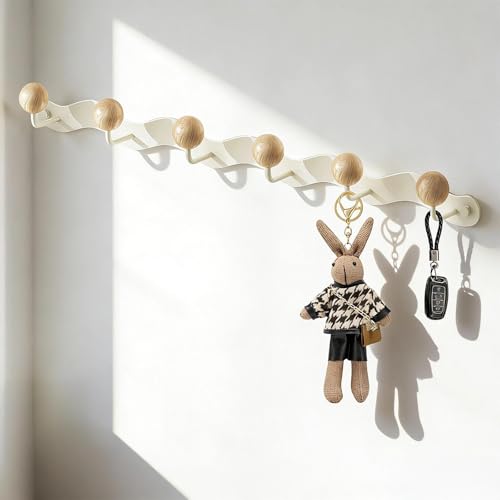 WJUAN Porte Manteaux Muraux, Porte Manteau Mural Blanc, avec 6 Crochets en Bois en Forme de Boule, 46 cm Patères Portemanteaux pour Entrée, pour Chambre,...