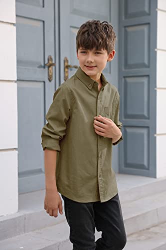Boys' Long Sleeve Dress Shirts Classic Collared Button-Down Tshirt Solid Cotton Top With Chest Pocket Army Green #TOP2