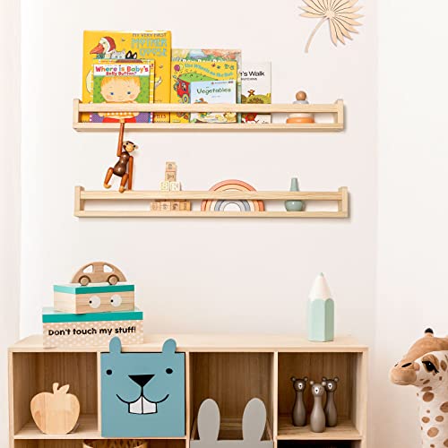 Fun Memories Nursery Book Shelves Set Of 2 - Rustic Natural Solid Wood Floating Bookshelf For Kids - Wall Book Shelves Kitchen Spice Rack For Kids Room, Home Decor - Natural Wood - 32 Inch #TOP3