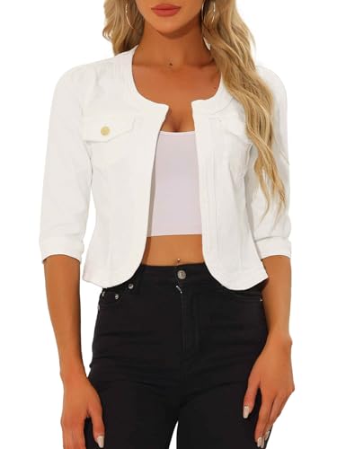 Allegra K Denim Jacket for Women's Collarless Cardigan 3/4 Sleeve