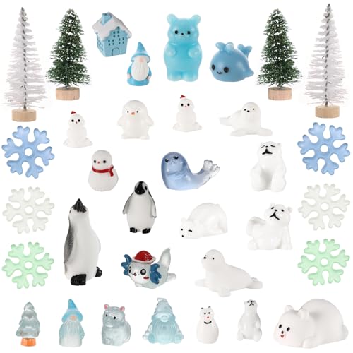 Xialvyu 34 Stück Miniatur Figuren Winter Set, Winter-Mini-Tierfiguren Winzige Enten Schneemann Bären und Elchfiguren aus Kunstharz, Modell-Ornamente für Bastelarbeiten Heimwerker