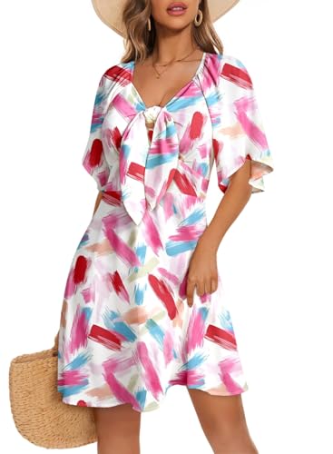 Image of Dokotoo Womens Dresses 2026 Deep V Neck Elegant Bow tie Mini Dress S-XL | Short Sleeve,V Neck,Graduation Party Dress,Elegant,Cocktail,Flowy Beach Vacation Wear,Casual Dress