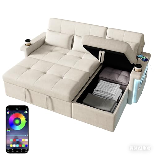 Sofá cama de 3 plazas con función de dormir e iluminación LED, 209 cm, sofá esquinero en forma de L con espacio de almacenamiento, respaldo ajustable, puertos USB, 2 estantes para bebidas, 3 cojines