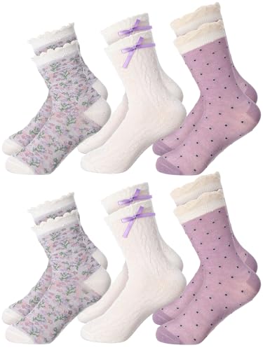 Image of Fourluoo 6 Pairs Women Ruffle Crew Socks with Bow Cute Retro Mid-calf Socks Breathable Cotton for Spring Summer Casual Daily