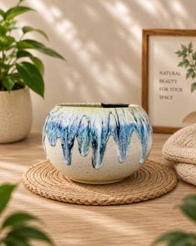 Image of Ceramic Plant Pots, Clay Flower Pot with Drainage Hole, Decorative Modern Indoor Planters, Home Garden Decor for Living Room Bedroom Interior| Set of 1 (Blue)
