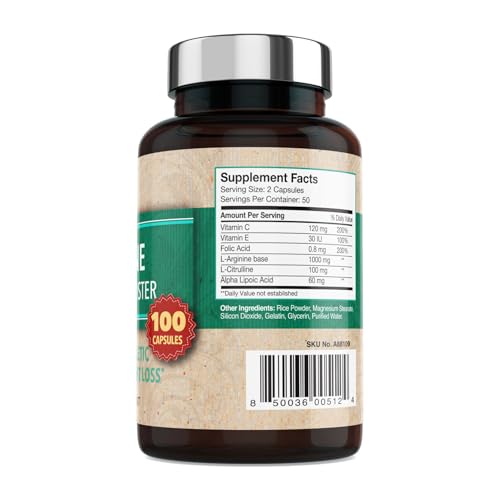 Image of Nitric Oxide Supplement 1000mg with L-Arginine Supports Blood Pressure Heart & Brain Health Joint Pain Relief & Bone Strength Cardiovascular Circulation Booster Pills - 100 Capsules