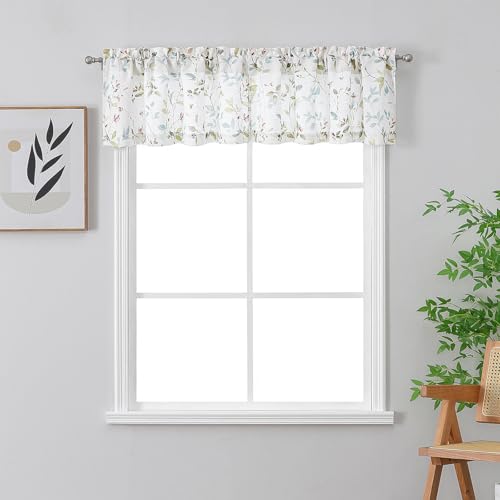 Image of Chyhomenyc Roman Valance for Windows, Light Filtering Linen Blend Textured Small Curtains, Leaf Floral Short Valance for Bathroom Laundry Basement, Each 38Wx14L Inch, 2 PCS
