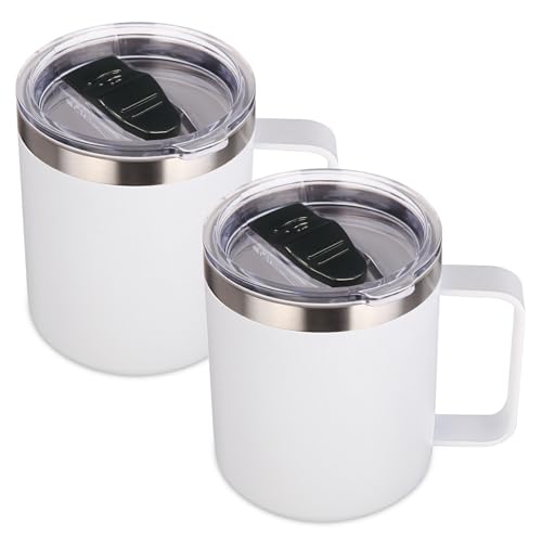 Volhoply 14oz Insulated Stainless Steel Coffee Mug with Lid Bulk 2 Pack,Double Wall Vacuum Travel Coffee Cup with Handle,Reusable Metal Tumbler,Camping Mugs Keep Hot,Christmas Gifts(White,2)
