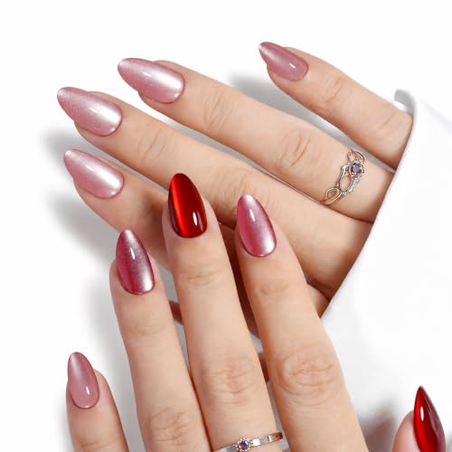 160Pcs Cat Eye Press on Nails Short Almond, 5 Colors Red Pink