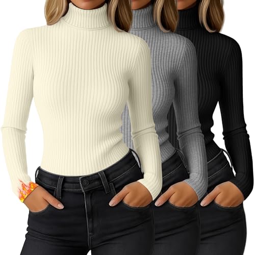 Ficerd 3 Pack Women's Ribbed Thermal Turtleneck Tops Long Sleeve Stretch Shirts Knitted Fitted Lightweight Base Layer