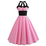 Women 50s Vintage Polka Dot Halter Neck Cocktail Swing Dress Buttons Backless Retro 1950s Rockabilly Audrey Hepburn Tea Party Prom Dress Color Block Spring Wedding Dance Evening Gown Hot Pink L