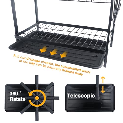 Yexati 2 Tier Dish Drying Rack,Large Capacity Dish Drainer,Kitchen Dish Rack With Utensil Organzie,Dish Drainer Rack With Cutting Board Holder,Plus 3 Hooks,Black - Image 5