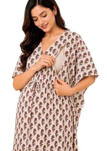 Image of Noty Women's- Kaftan | Maxi | Maternity | Feeding | Delivery Gown- Cotton Fabric- V Neck | Floral Print | 2 Pockets | Midi