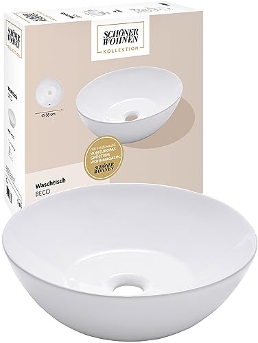 Schöner Wohnen Kollektion Aufsatz-Waschbecken rund Beco, weißer Waschtisch 38 cm, Keramikwaschbecken Bad Aufsatz-Montage, Überlauf, Weiß