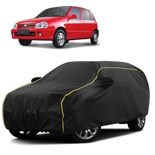 Image of Sulfar 100% Water Resistant Car Body Cover Compatible with Mirror for Maruti Suzuki Zen (Triple Stitched, Full Bottom Elastic, Black Taffeta with Yellow Piping)