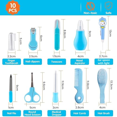 Image of Baby Care Kit - 10-in-1 Newborn Grooming & Health Set for Infants - Baby Nail Clippers, Hair Brush, Comb, Nasal Aspirator & More - BPA-Free, Safe for 0+ Months (Blue)