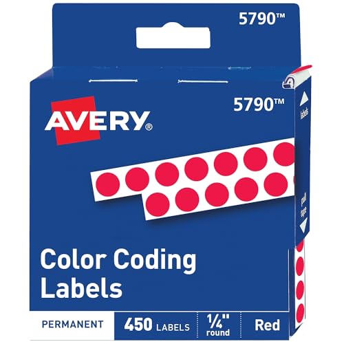 Avery 05790 Permanent Self-Adhesive Round Color-Coding Labels, 1/4-Inch Dia, Red, 450/Pack