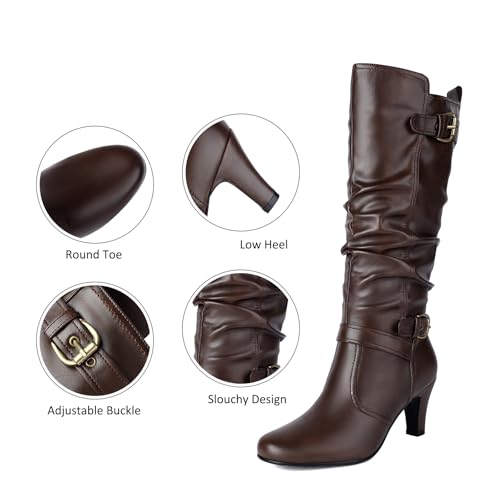 UTIKLIOU Women's Knee High Boots Wide Calf Slouchy Boots Low Heel Pull On Round Toe3
