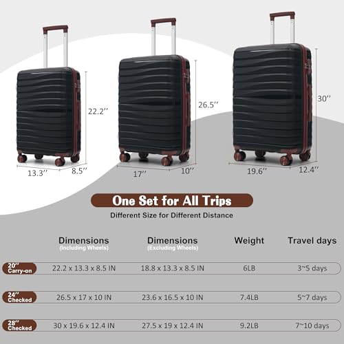 Image of Hardside Luggage Sets, Lightweight Wave Suitcase with Spinner Wheels, PP Black