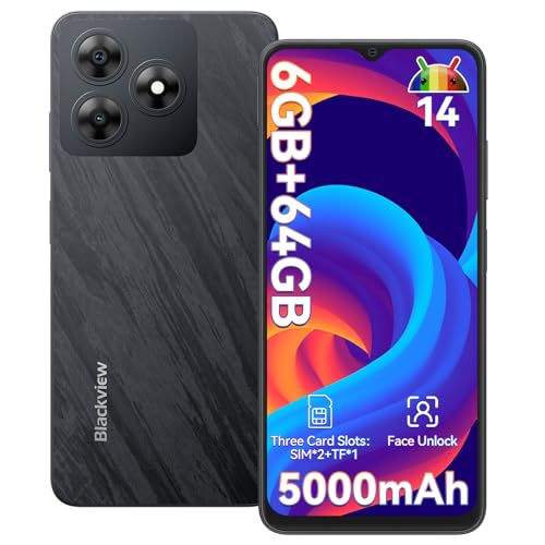 Blackview WAVE 8C Mobile Phones (2025), Android 14 Smartphone, 6GB+64GB/2TB, Octa-Core, 5000mAh Battery, 13MP+5MP, 6.56" HD+ IPS Screen, 4G Dual Sim Free Unlocked UK, Face & Fingerprint Unlock Black